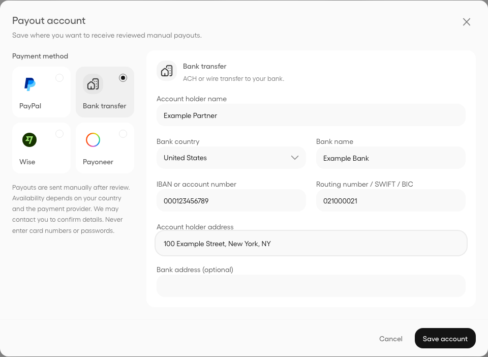 Bank transfer account form with bank country, account and routing details