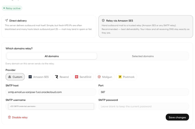 Openship Emails -> Sending relay form configured for OCI Email Delivery (provider Custom, port 587)